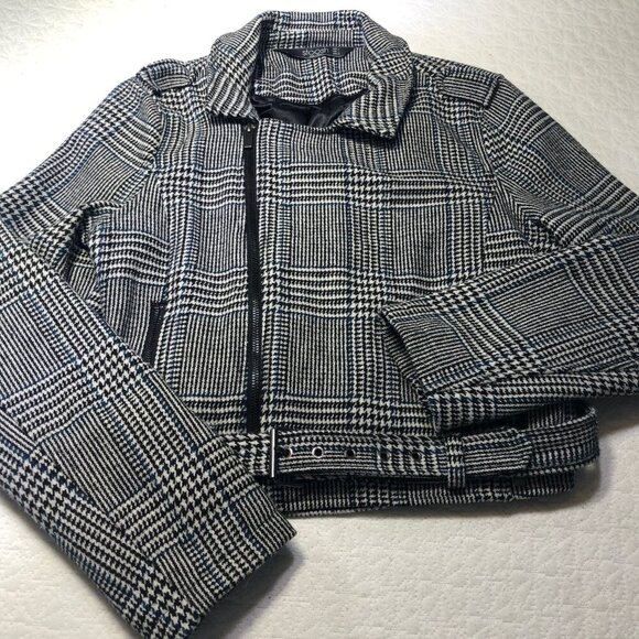 Stoosh Women Black Plaid Cropped Belted Zip Front Blazer Jacket Size Large L - Picture 9 of 10
